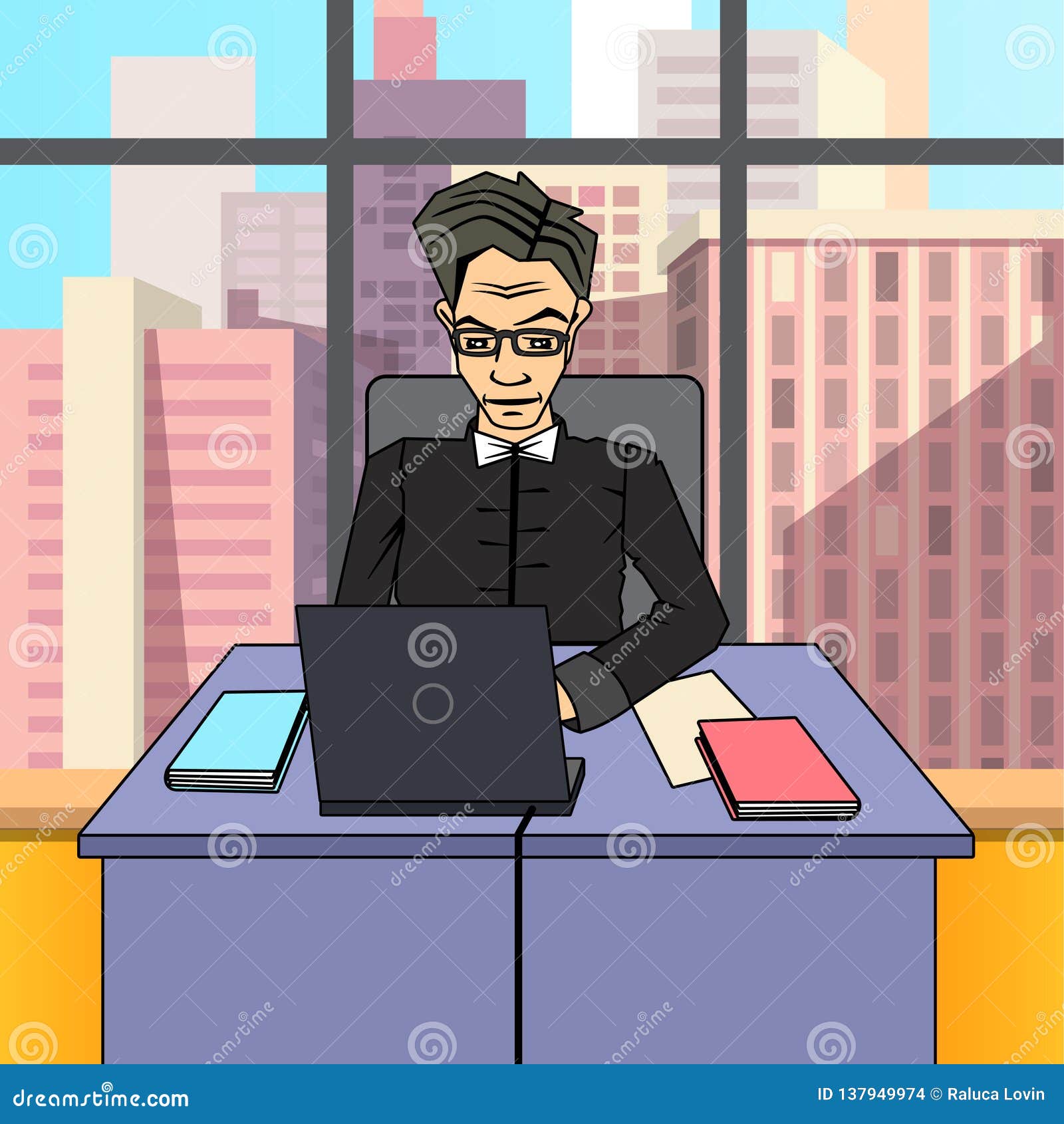 businessman boss ceo cartoon character at the desk with laptop